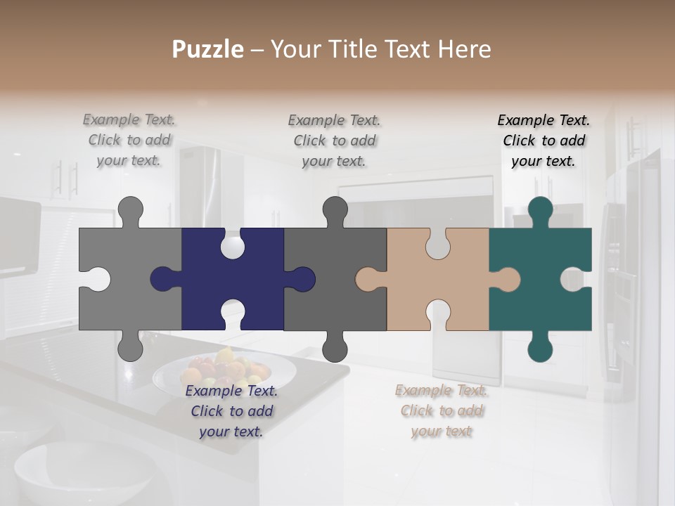 A Kitchen With A Black Counter Top And White Cabinets PowerPoint Template