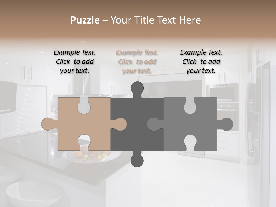 A Kitchen With A Black Counter Top And White Cabinets PowerPoint Template