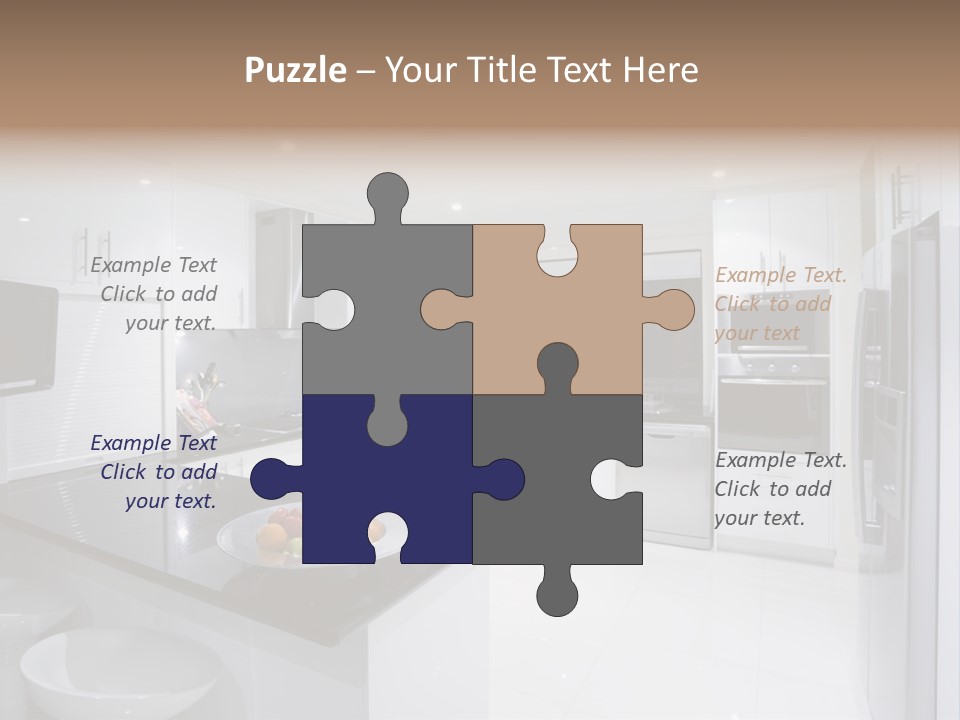 A Kitchen With A Black Counter Top And White Cabinets PowerPoint Template