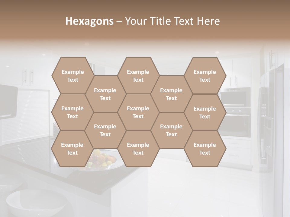 A Kitchen With A Black Counter Top And White Cabinets PowerPoint Template