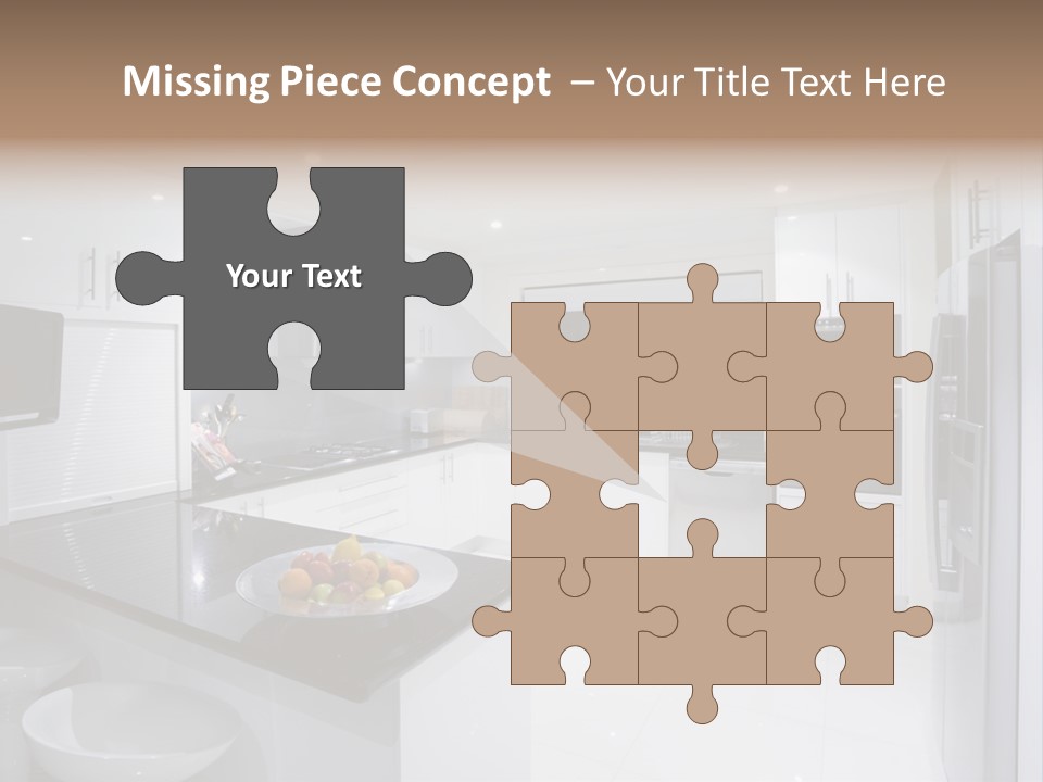 A Kitchen With A Black Counter Top And White Cabinets PowerPoint Template