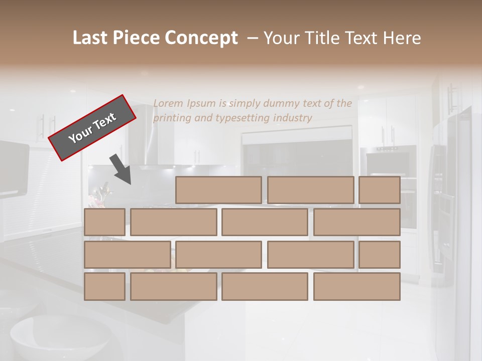 A Kitchen With A Black Counter Top And White Cabinets PowerPoint Template