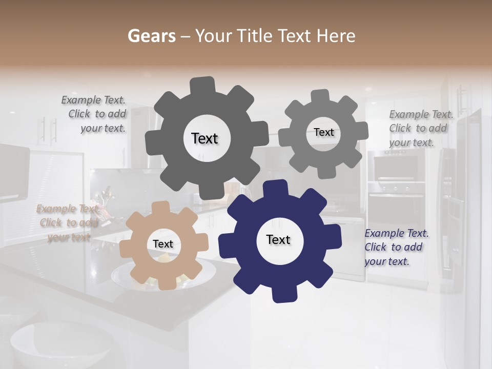 A Kitchen With A Black Counter Top And White Cabinets PowerPoint Template