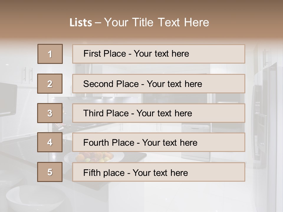 A Kitchen With A Black Counter Top And White Cabinets PowerPoint Template