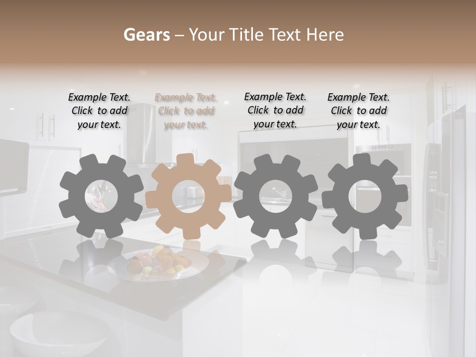 A Kitchen With A Black Counter Top And White Cabinets PowerPoint Template