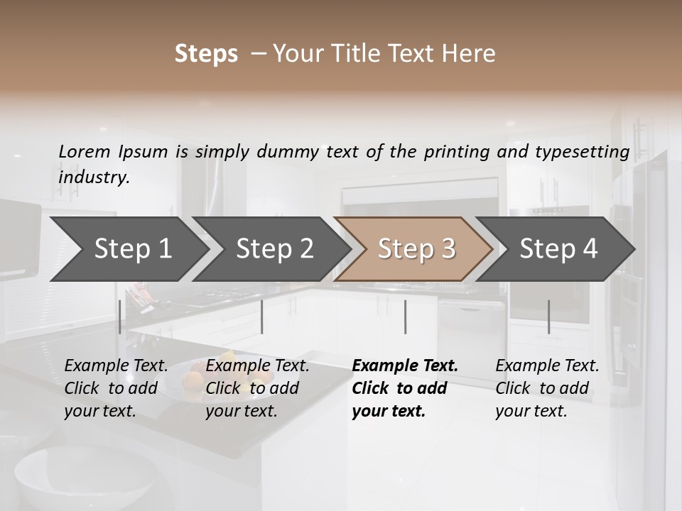 A Kitchen With A Black Counter Top And White Cabinets PowerPoint Template