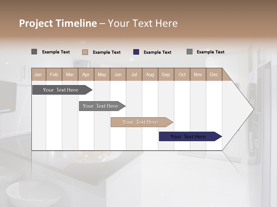 A Kitchen With A Black Counter Top And White Cabinets PowerPoint Template
