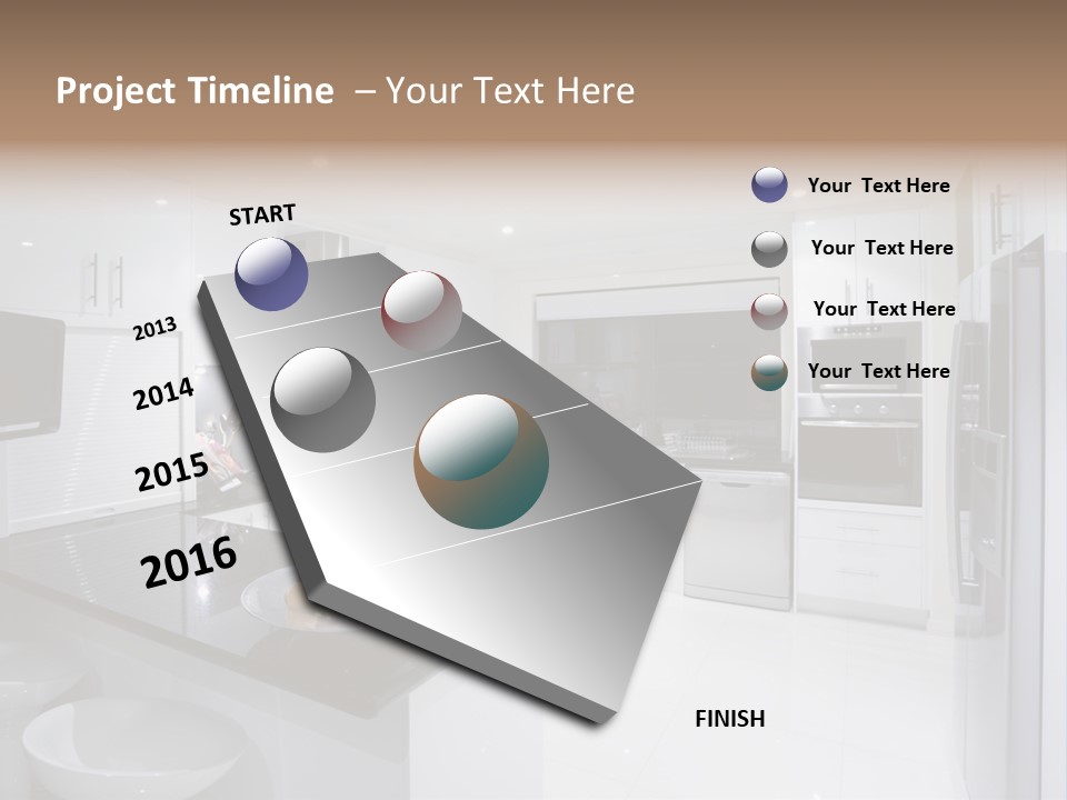 A Kitchen With A Black Counter Top And White Cabinets PowerPoint Template