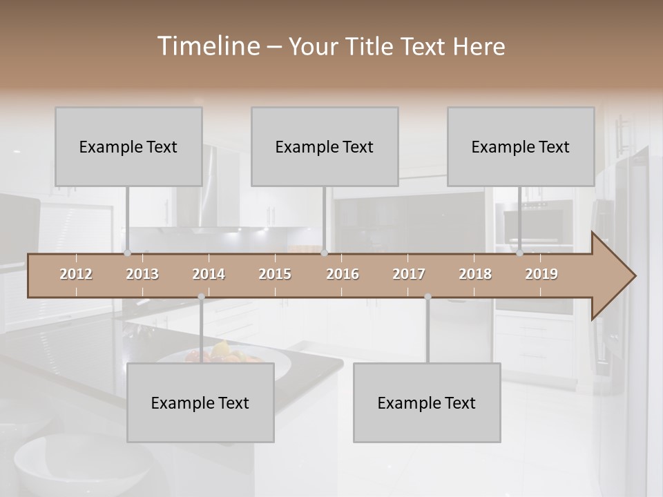 A Kitchen With A Black Counter Top And White Cabinets PowerPoint Template