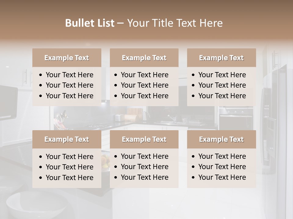 A Kitchen With A Black Counter Top And White Cabinets PowerPoint Template