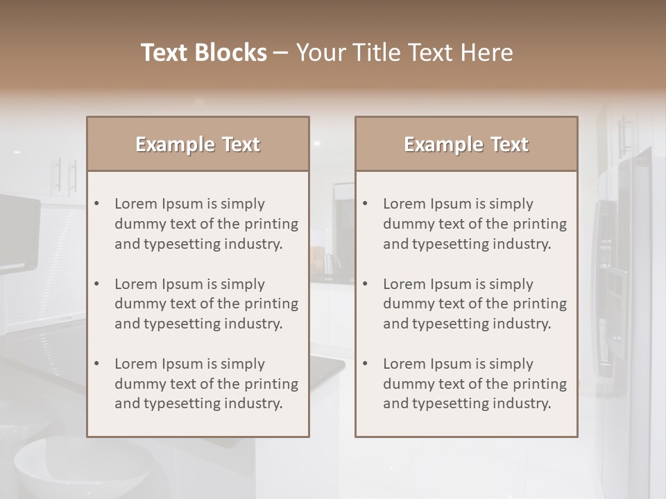 A Kitchen With A Black Counter Top And White Cabinets PowerPoint Template