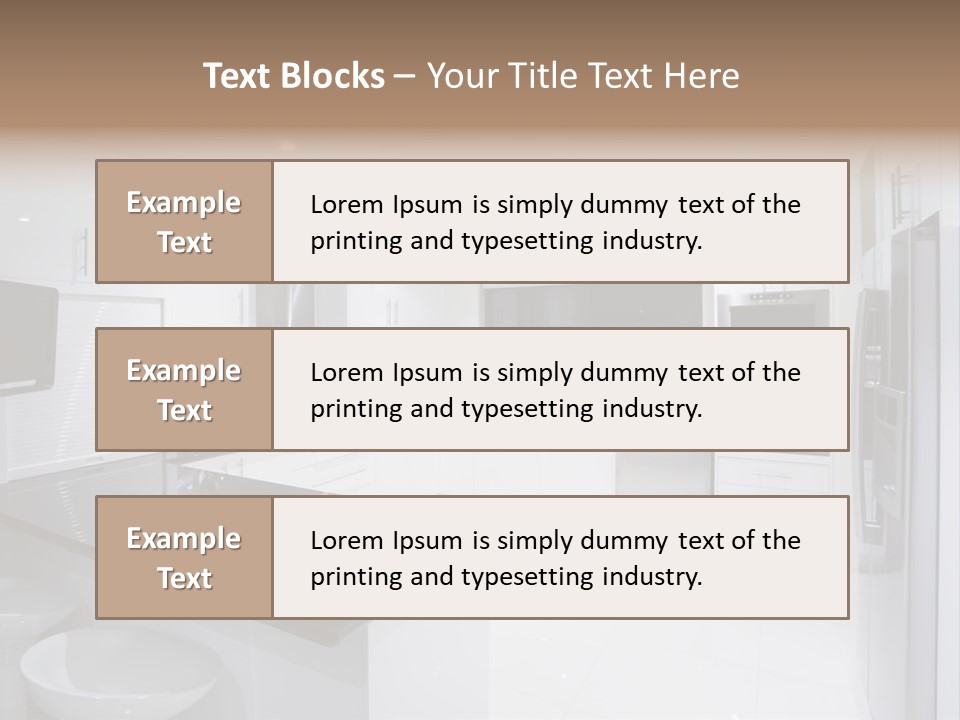 A Kitchen With A Black Counter Top And White Cabinets PowerPoint Template