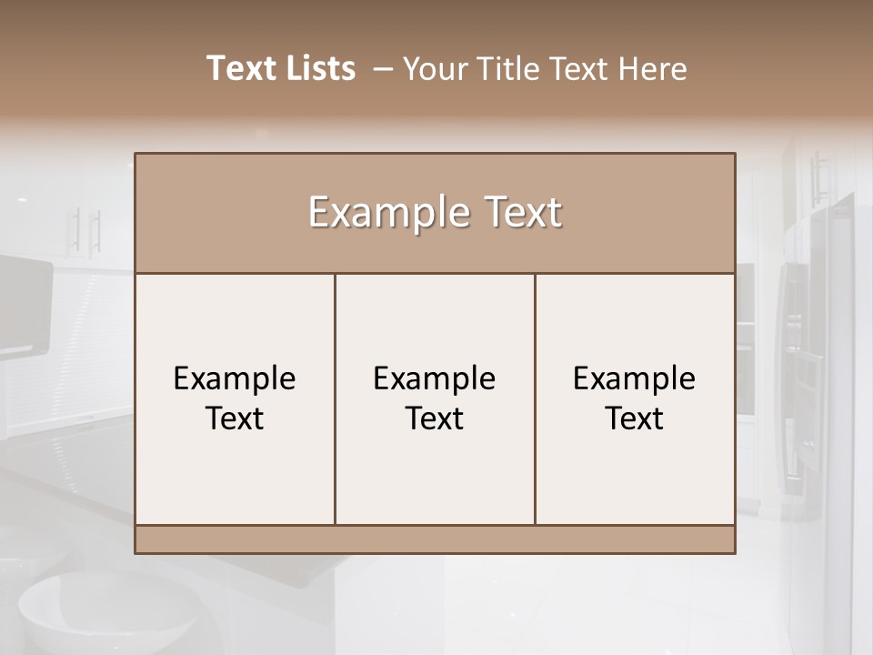 A Kitchen With A Black Counter Top And White Cabinets PowerPoint Template