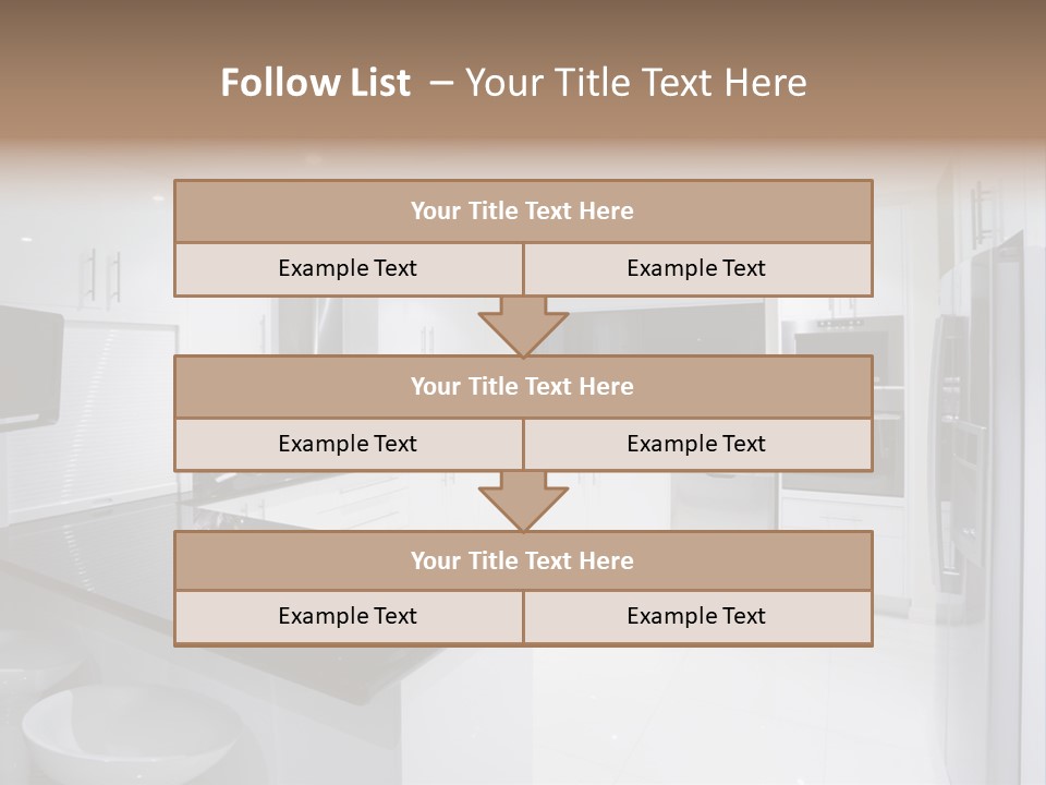 A Kitchen With A Black Counter Top And White Cabinets PowerPoint Template
