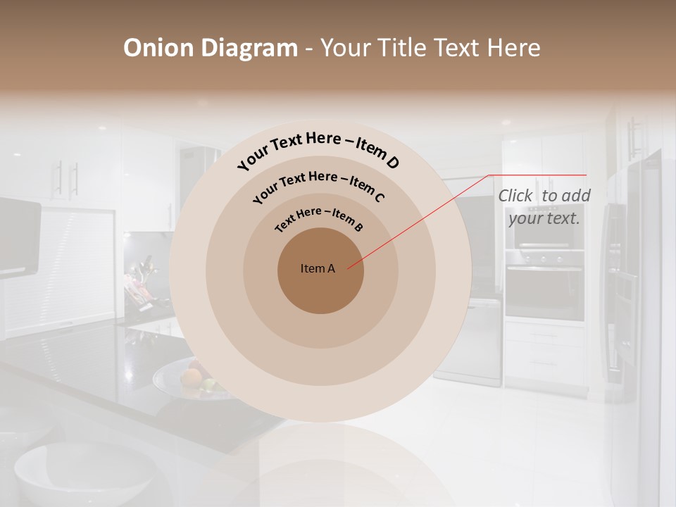 A Kitchen With A Black Counter Top And White Cabinets PowerPoint Template