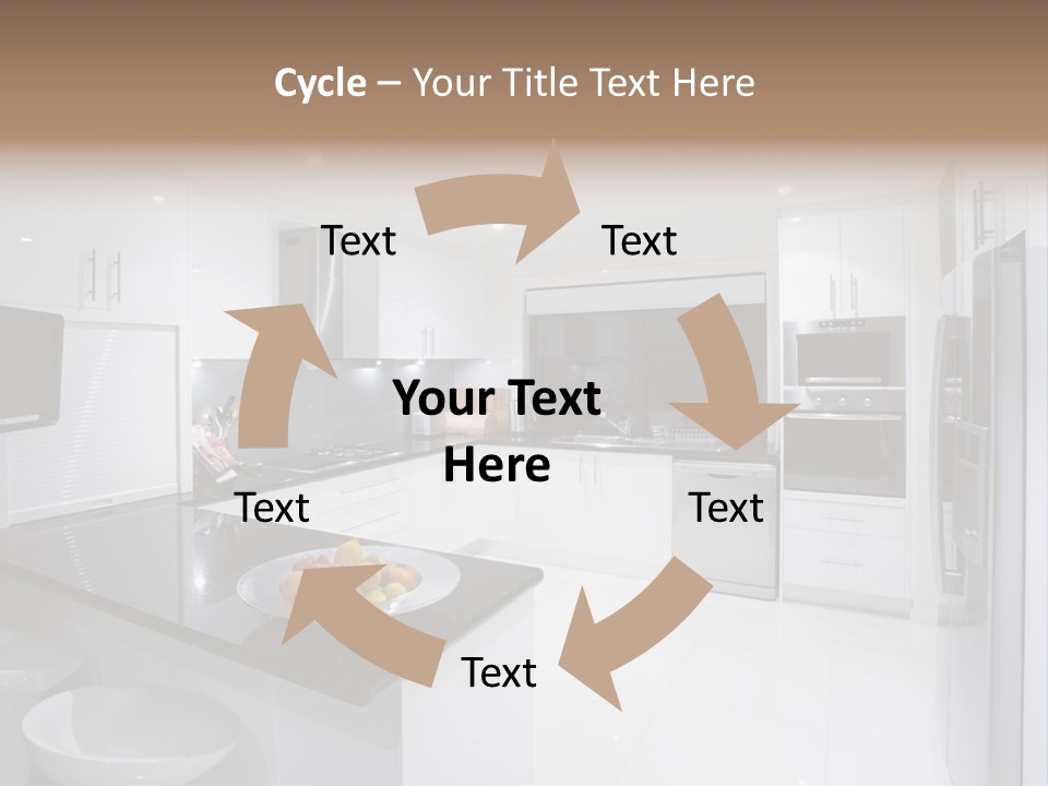 A Kitchen With A Black Counter Top And White Cabinets PowerPoint Template