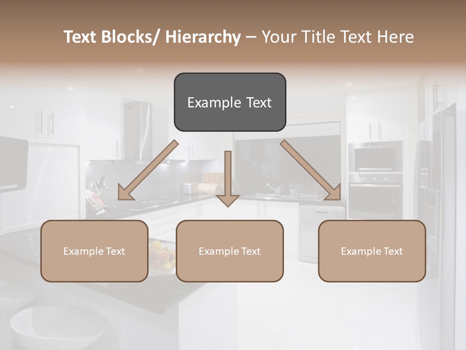 A Kitchen With A Black Counter Top And White Cabinets PowerPoint Template