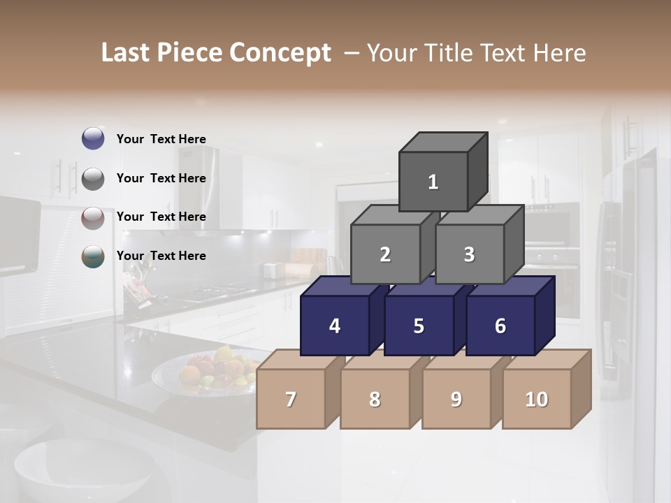 A Kitchen With A Black Counter Top And White Cabinets PowerPoint Template