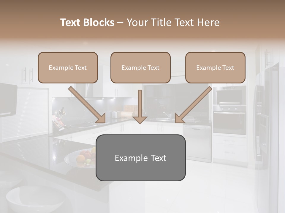 A Kitchen With A Black Counter Top And White Cabinets PowerPoint Template