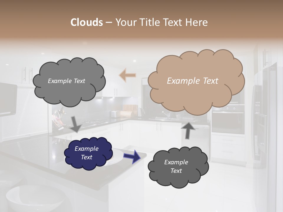 A Kitchen With A Black Counter Top And White Cabinets PowerPoint Template