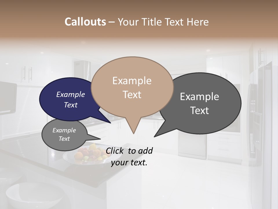 A Kitchen With A Black Counter Top And White Cabinets PowerPoint Template