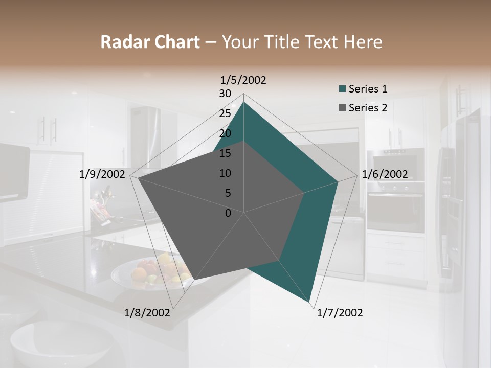 A Kitchen With A Black Counter Top And White Cabinets PowerPoint Template