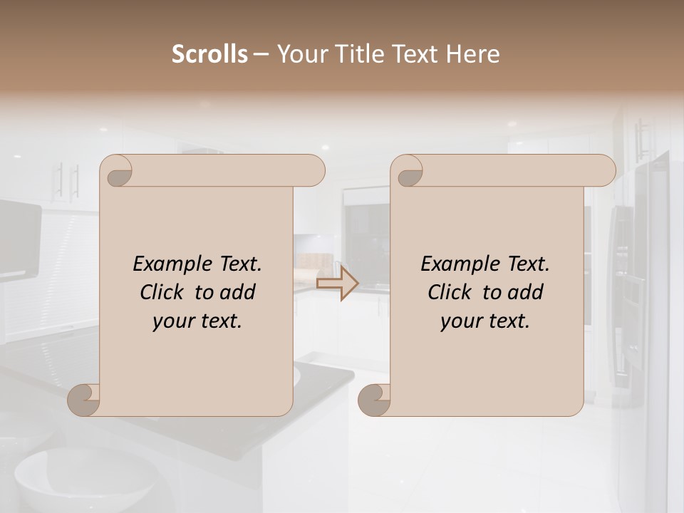 A Kitchen With A Black Counter Top And White Cabinets PowerPoint Template