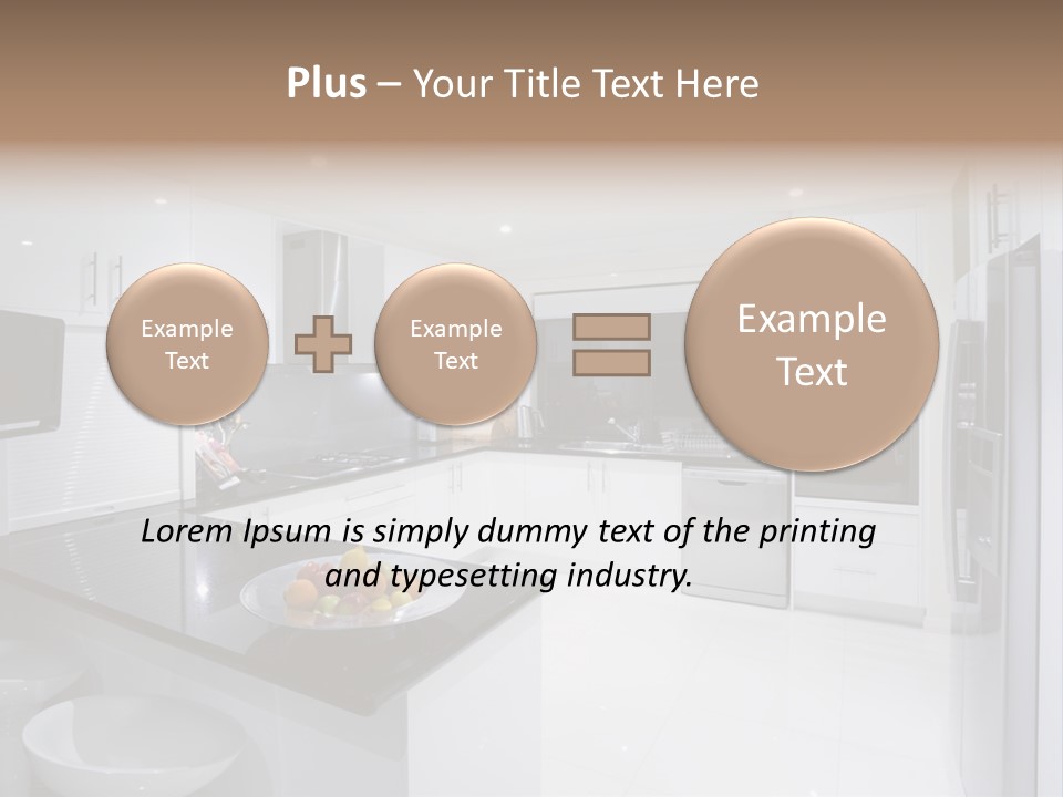 A Kitchen With A Black Counter Top And White Cabinets PowerPoint Template