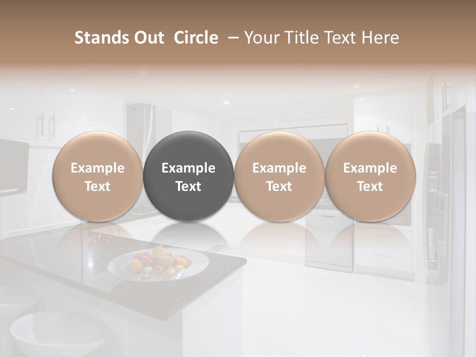 A Kitchen With A Black Counter Top And White Cabinets PowerPoint Template