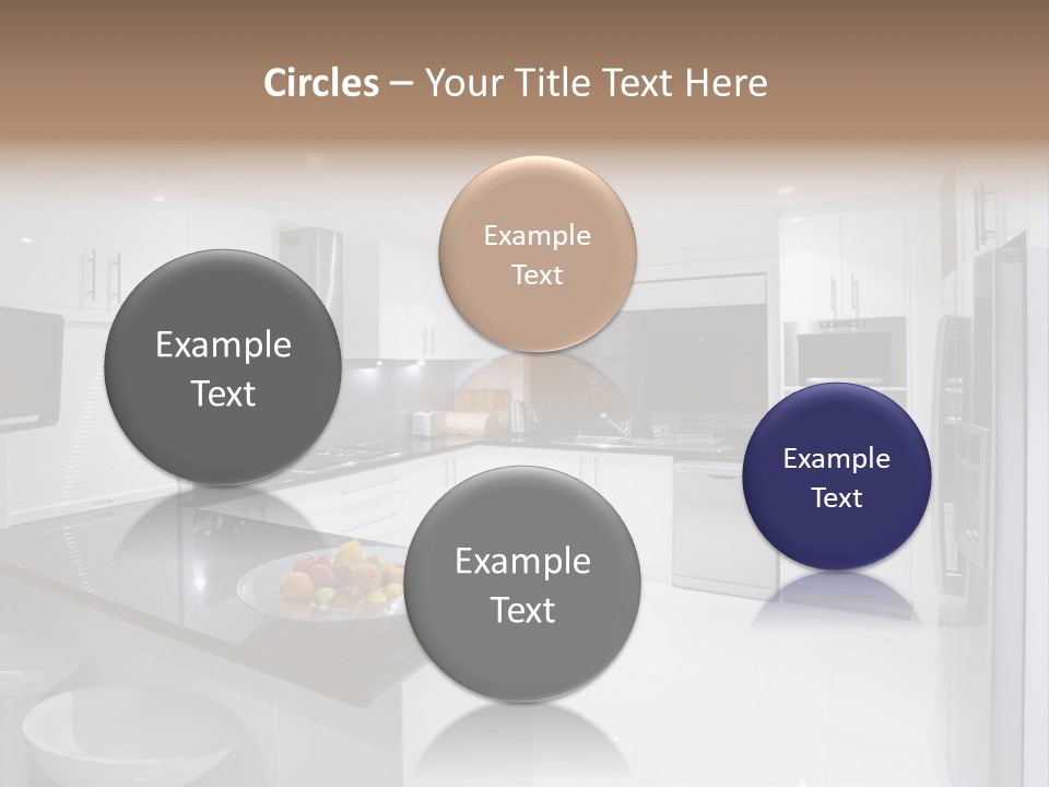 A Kitchen With A Black Counter Top And White Cabinets PowerPoint Template