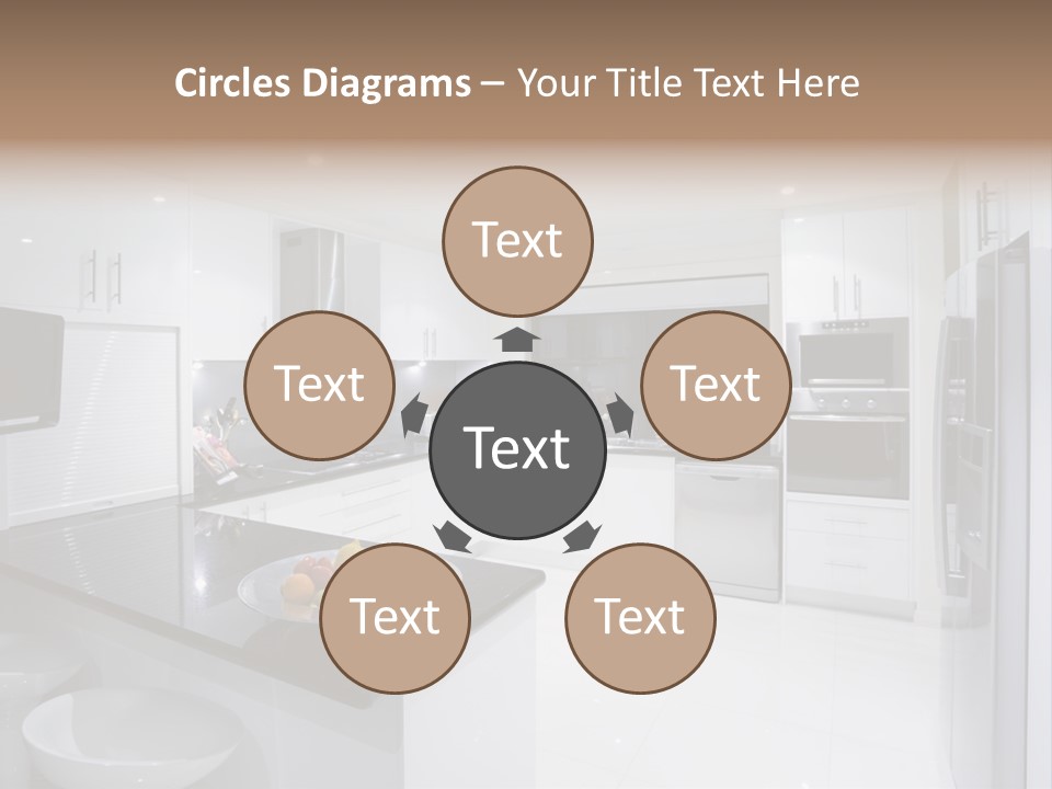 A Kitchen With A Black Counter Top And White Cabinets PowerPoint Template