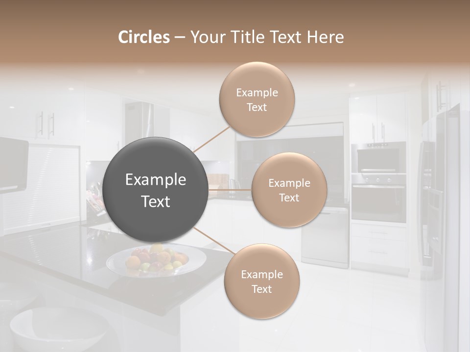 A Kitchen With A Black Counter Top And White Cabinets PowerPoint Template