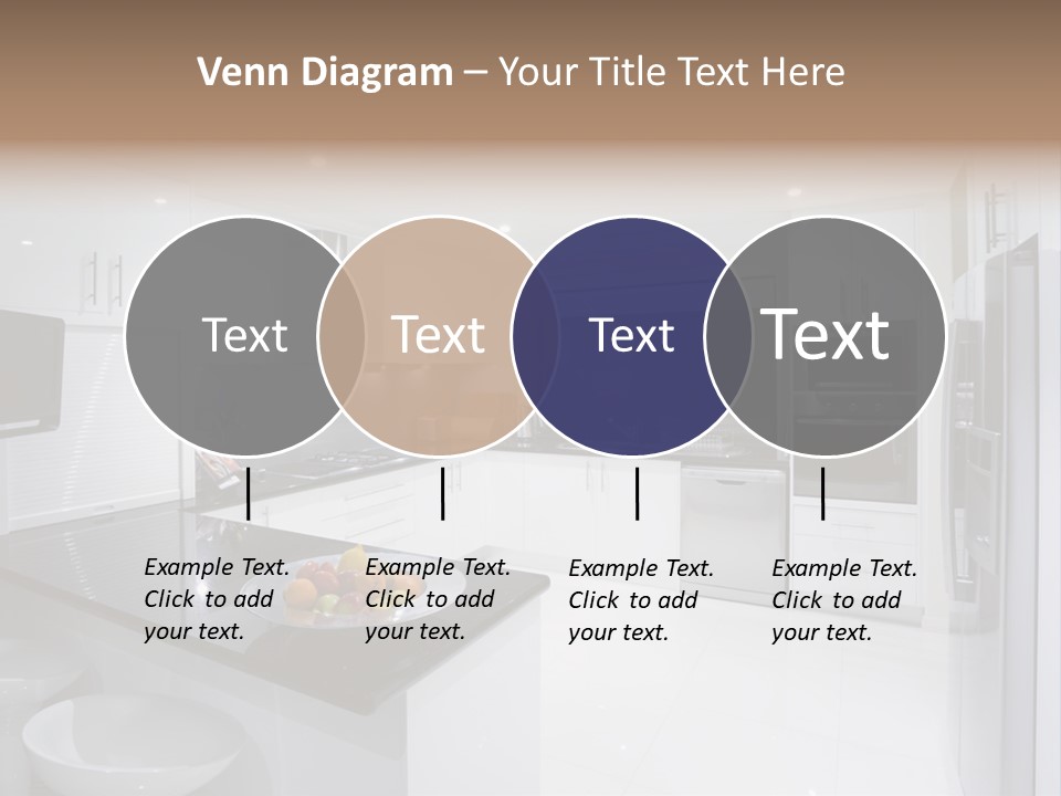 A Kitchen With A Black Counter Top And White Cabinets PowerPoint Template