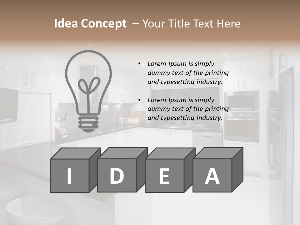 A Kitchen With A Black Counter Top And White Cabinets PowerPoint Template