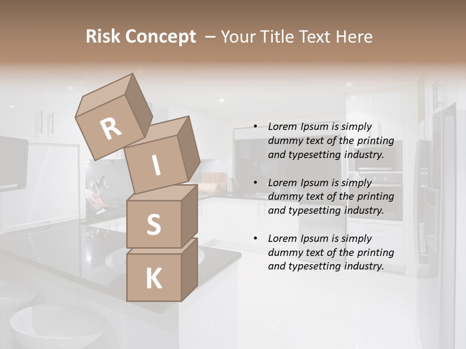 A Kitchen With A Black Counter Top And White Cabinets PowerPoint Template