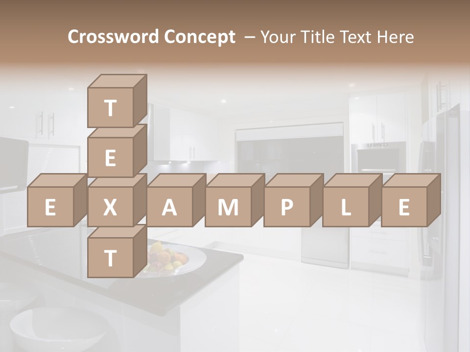 A Kitchen With A Black Counter Top And White Cabinets PowerPoint Template