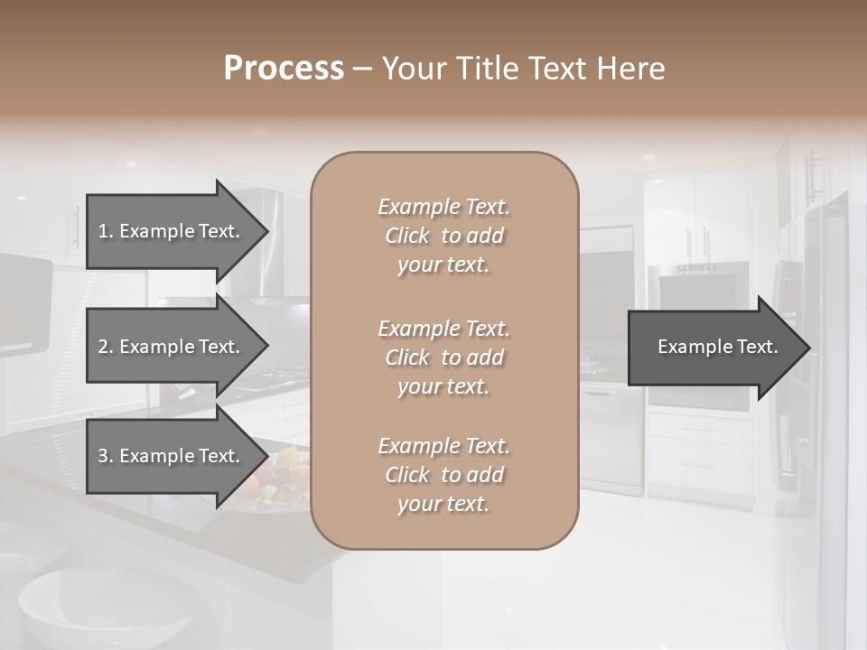 A Kitchen With A Black Counter Top And White Cabinets PowerPoint Template