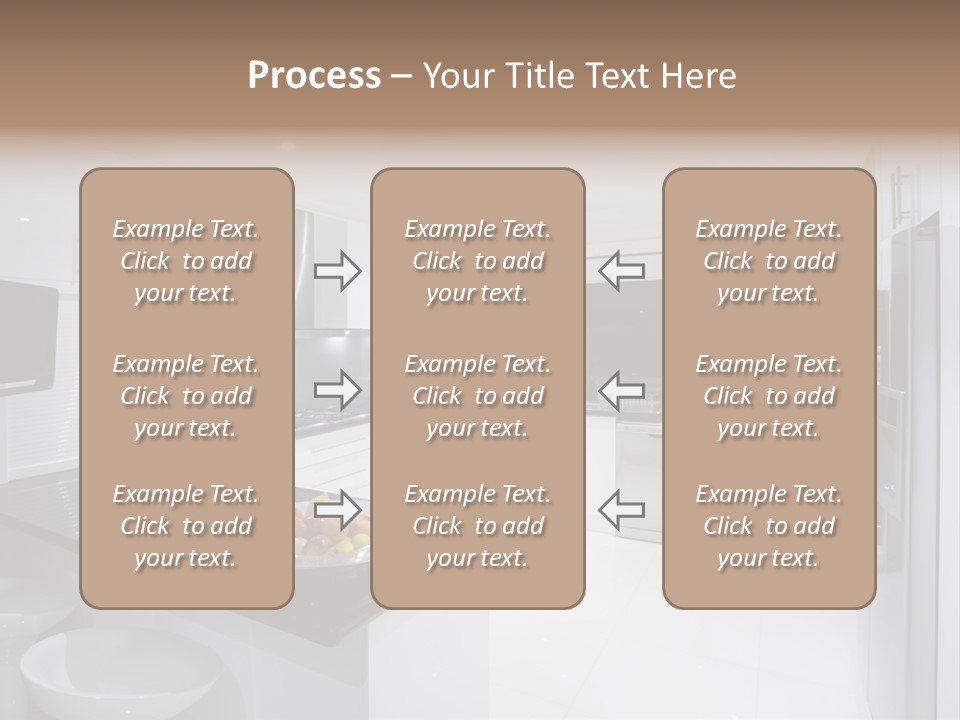 A Kitchen With A Black Counter Top And White Cabinets PowerPoint Template