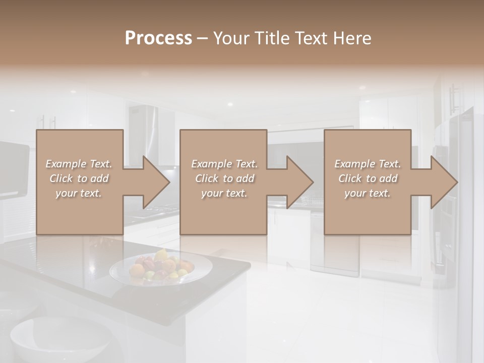 A Kitchen With A Black Counter Top And White Cabinets PowerPoint Template