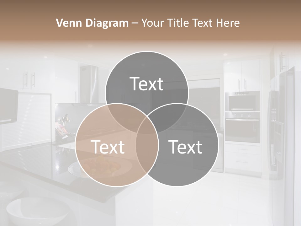 A Kitchen With A Black Counter Top And White Cabinets PowerPoint Template