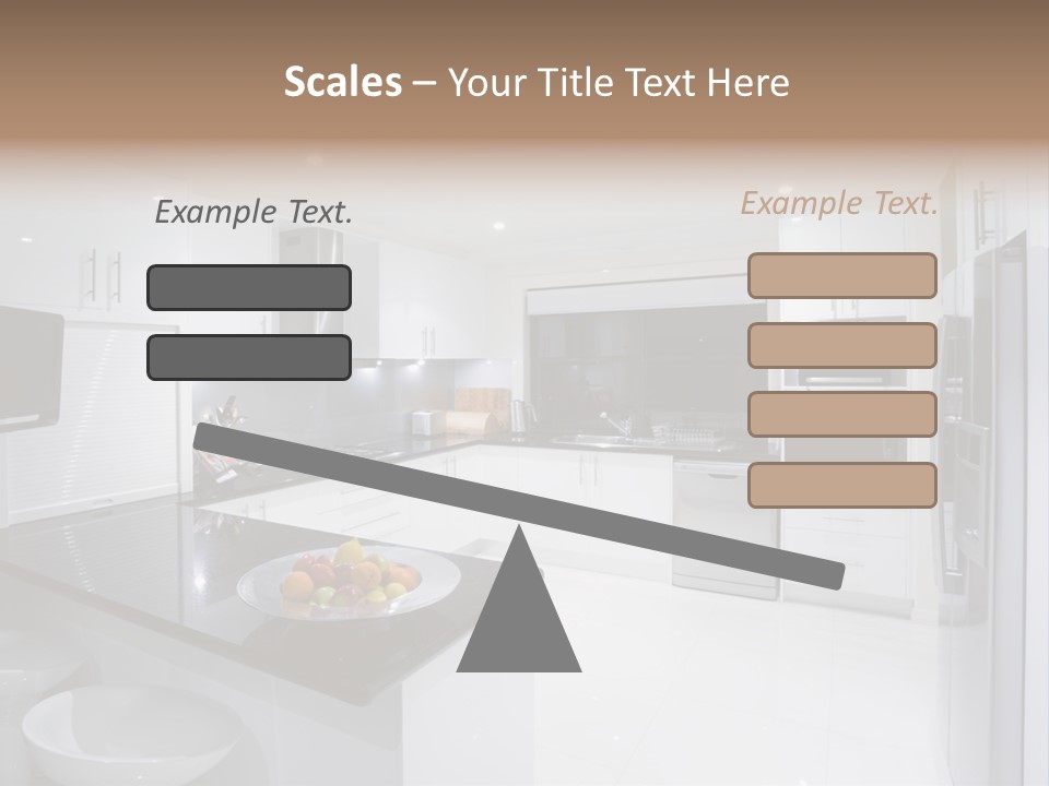 A Kitchen With A Black Counter Top And White Cabinets PowerPoint Template