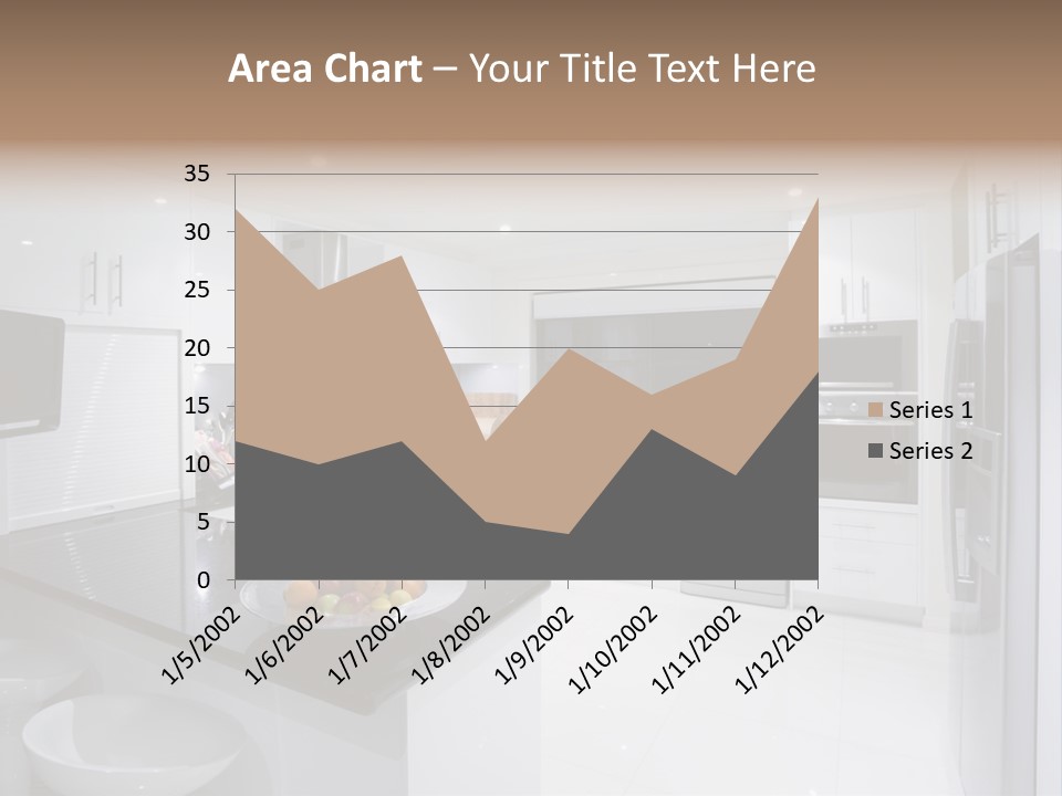 A Kitchen With A Black Counter Top And White Cabinets PowerPoint Template