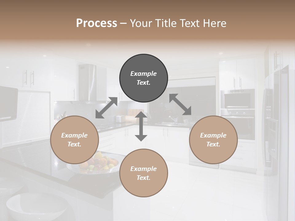 A Kitchen With A Black Counter Top And White Cabinets PowerPoint Template