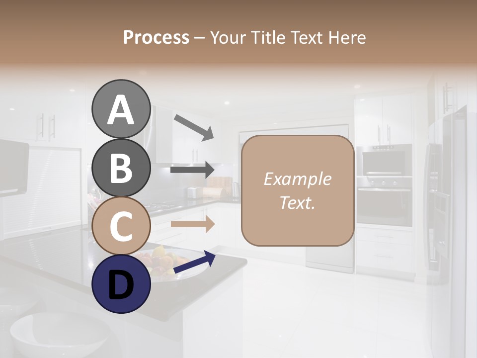 A Kitchen With A Black Counter Top And White Cabinets PowerPoint Template