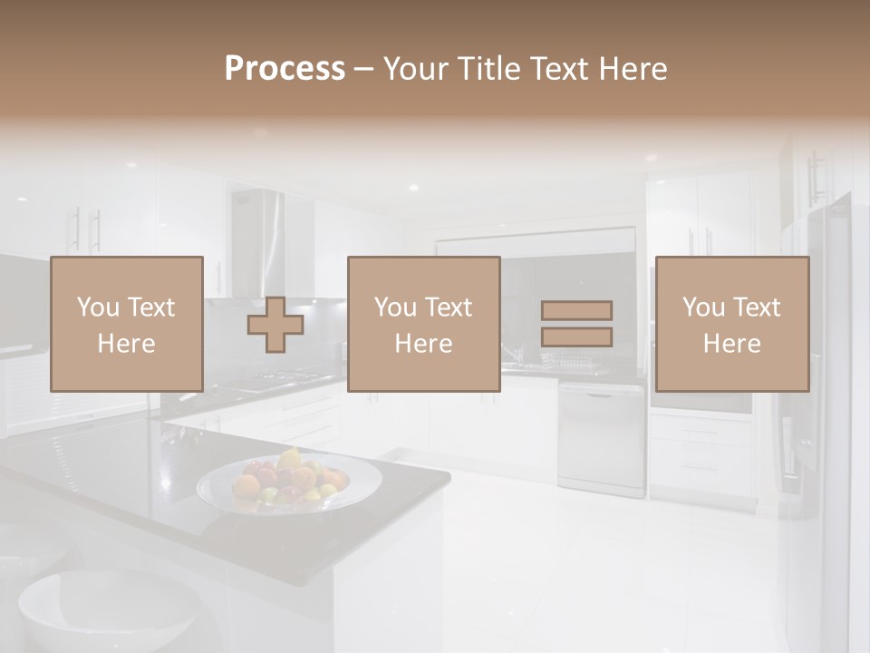 A Kitchen With A Black Counter Top And White Cabinets PowerPoint Template