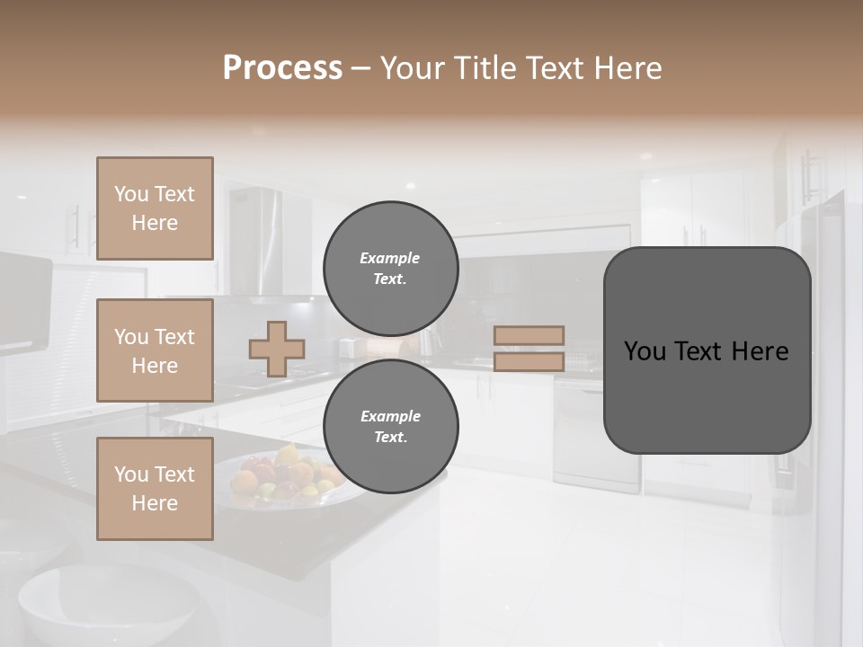 A Kitchen With A Black Counter Top And White Cabinets PowerPoint Template