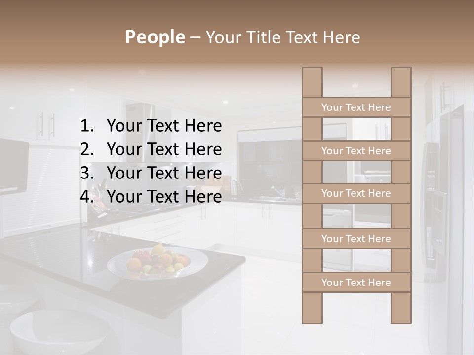 A Kitchen With A Black Counter Top And White Cabinets PowerPoint Template