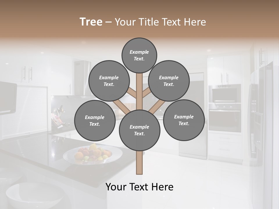 A Kitchen With A Black Counter Top And White Cabinets PowerPoint Template