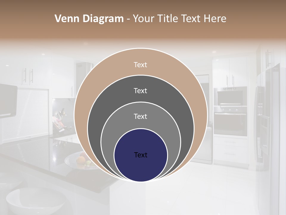 A Kitchen With A Black Counter Top And White Cabinets PowerPoint Template