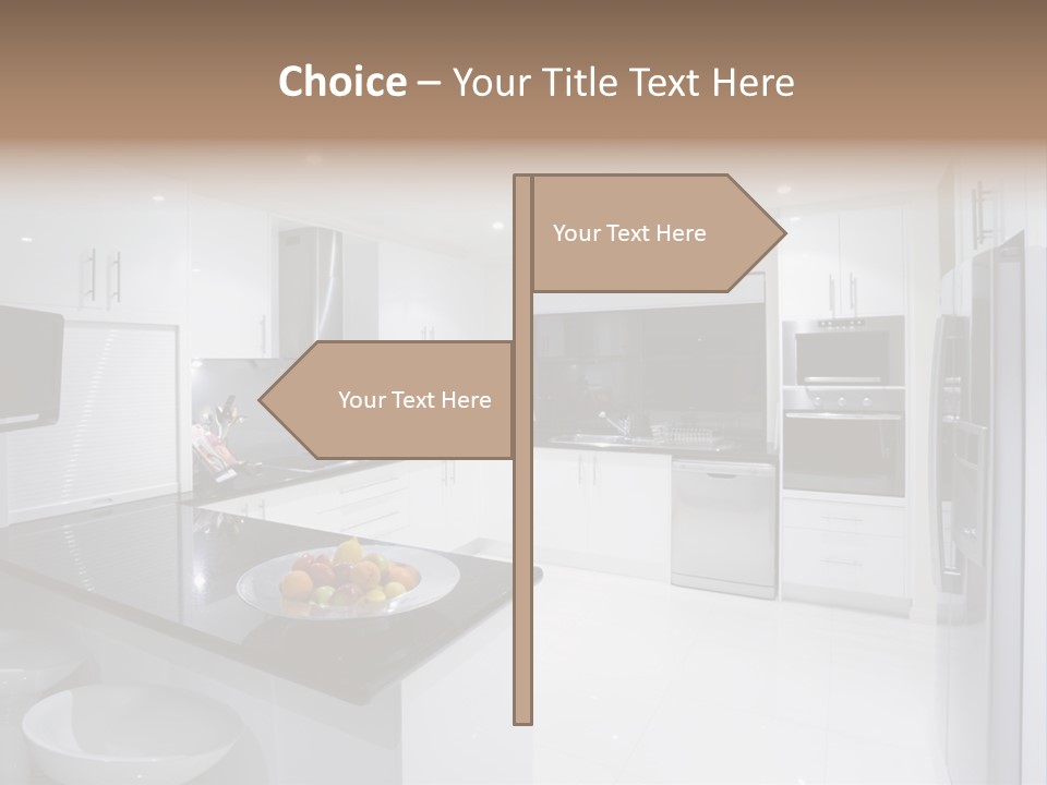 A Kitchen With A Black Counter Top And White Cabinets PowerPoint Template